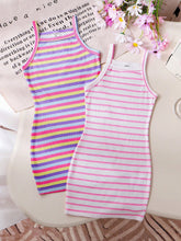 Young Girl Rainbow Striped Slip Dress, Cute Cozy & Fashionable Leisure 2-Piece Set, Suitable For Casual Wear At Home